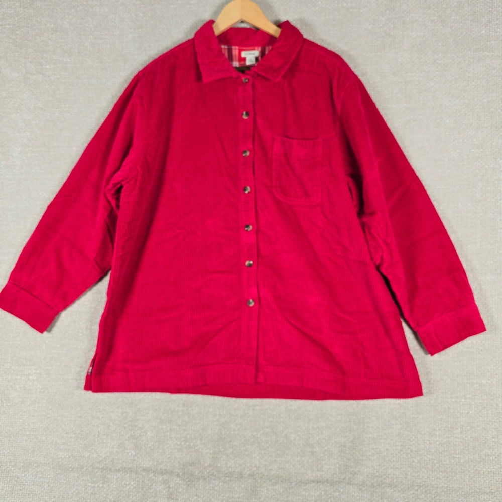 LL Bean Corduroy Shirt Jacket Womens‎ 1X Red Plaid Flannel Lined Shacket 279407
